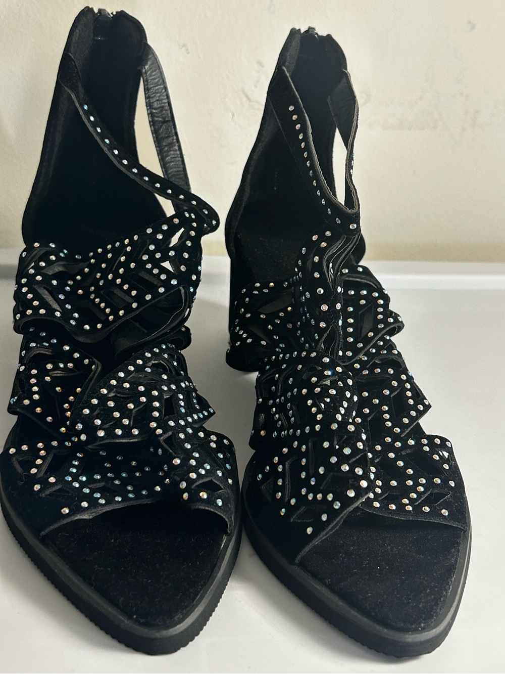 Black Rhinestone Embellished Block Heel Sandals Size EU 39